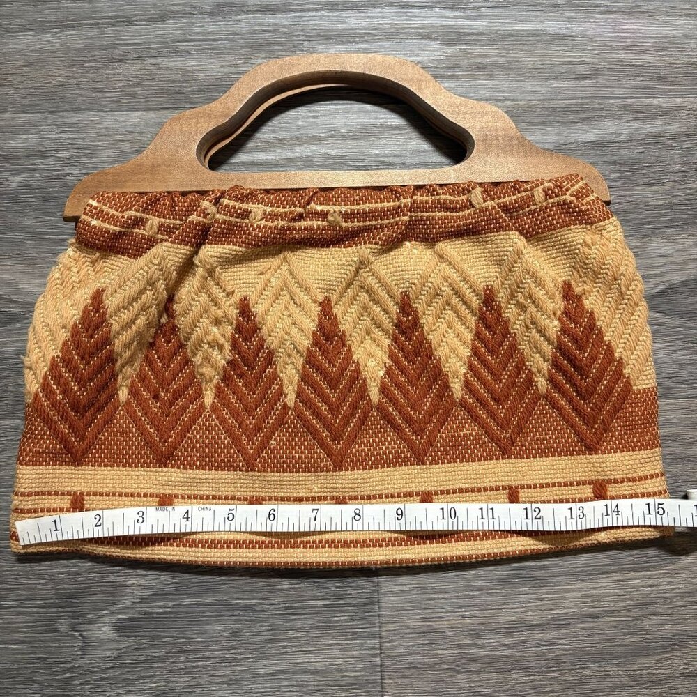 Vintage Woven Fabric Clutch Wooden Top Handles Geometric Earth Tones 70s Boho - Picture 3 of 8